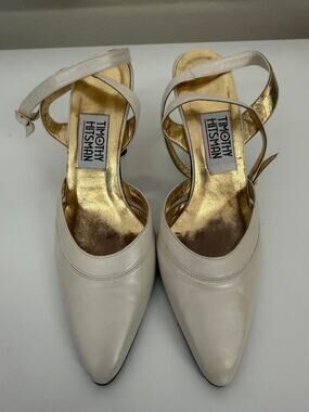 VTG Y2K Timothy Hitsman White Gold Ball Heels Ankle Strap Pumps US 8.5M